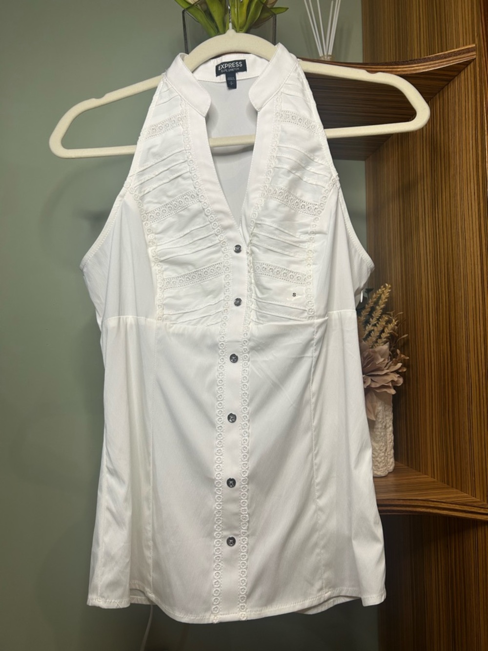 Express White Lace Panel Halter Button Down Top, vintage, y2k